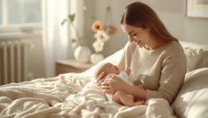 Mother holding her sleeping baby at home