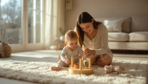 Mother playing with her baby at home