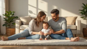 Parents caring for their newborn baby together
